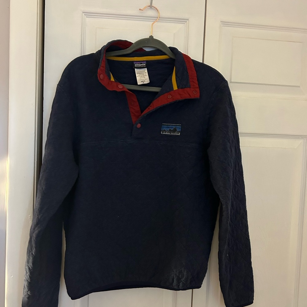 Patagonia Blue and Red Quarter-Zip Fleece Sweater